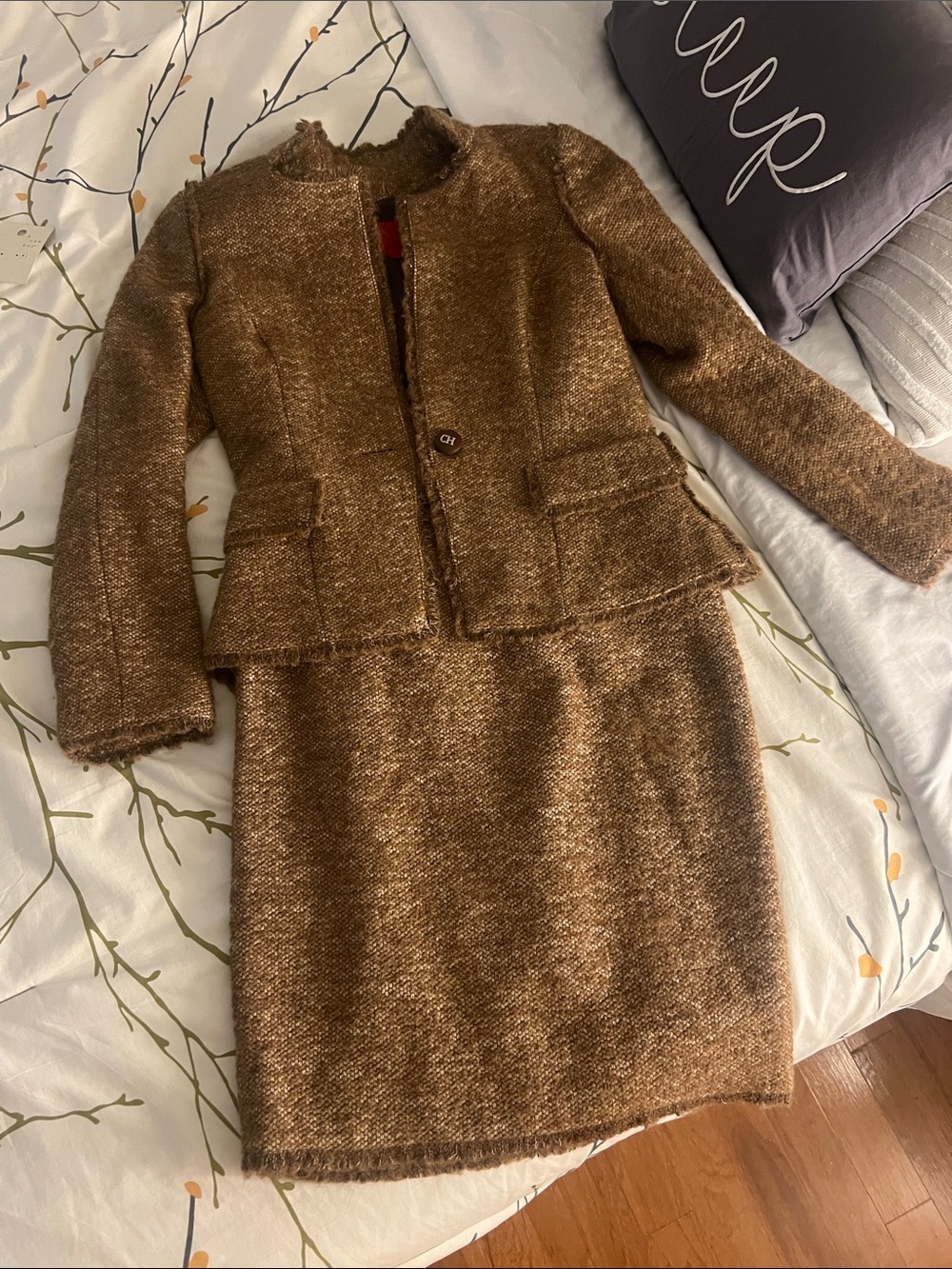 Caroline Herrera Brown Tweed Skirt Suit